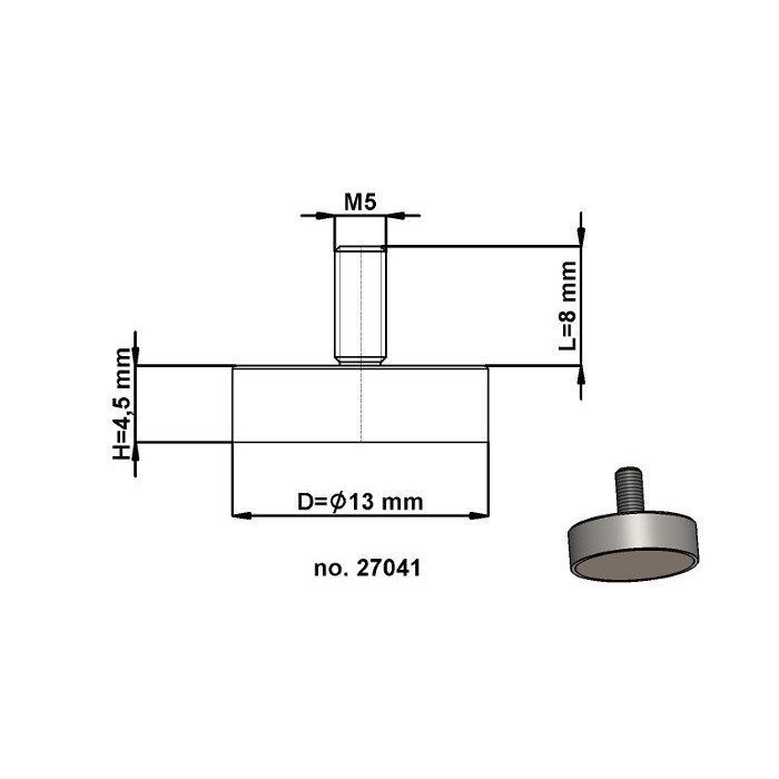 Magnetic lens / pot magnet with stems dia. 13 x height 4,5 mm with outer screw M5. Screw length 8 mm.