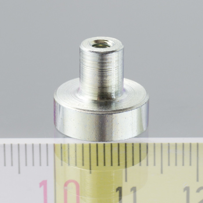 Magnetic lens / pot magnet with stems dia. 13 x height 4,5 mm with outer screw M3, screw height 7 mm