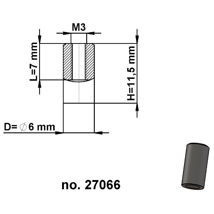 Cylindrical magnetic lens / pot magnet dia. 6 x height 11,5 mm with outer screw M3, screw height 7 mm