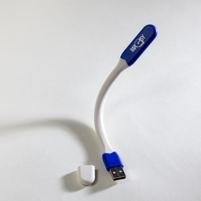 Flexible LED light for laptops, including USB connectors, dark blue